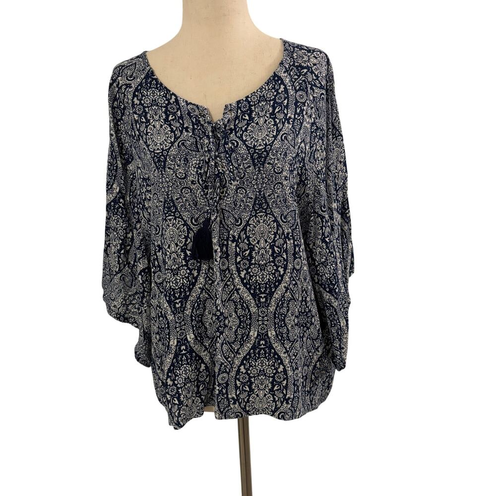 Fifteen Twenty Blue White Boho Tassel Blouse - Picture 1 of 12